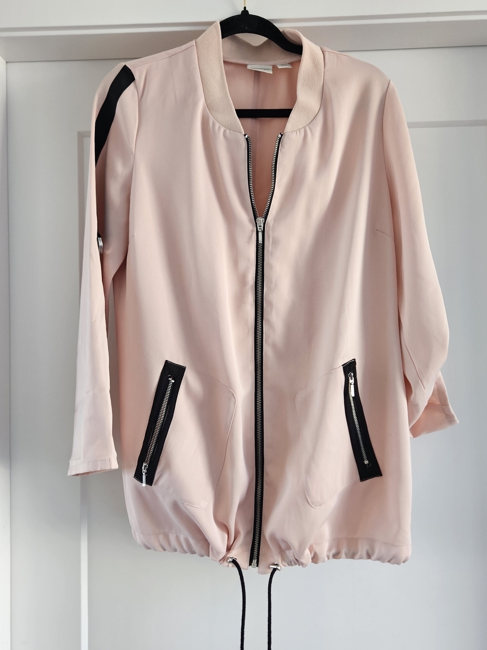 Blush Pink Bomber Jacket with Contrast Black Zip Details